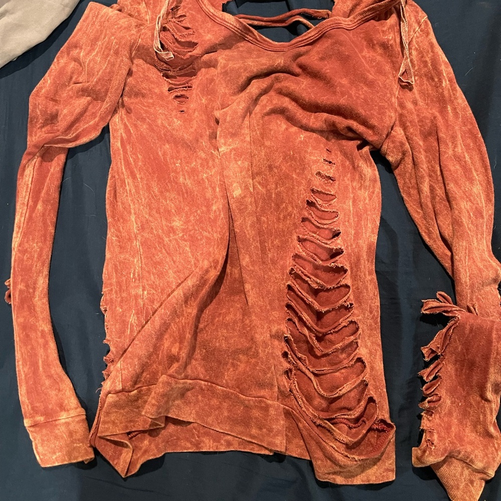 Daytrip Burnt Orange Distressed Long Sleeve Top